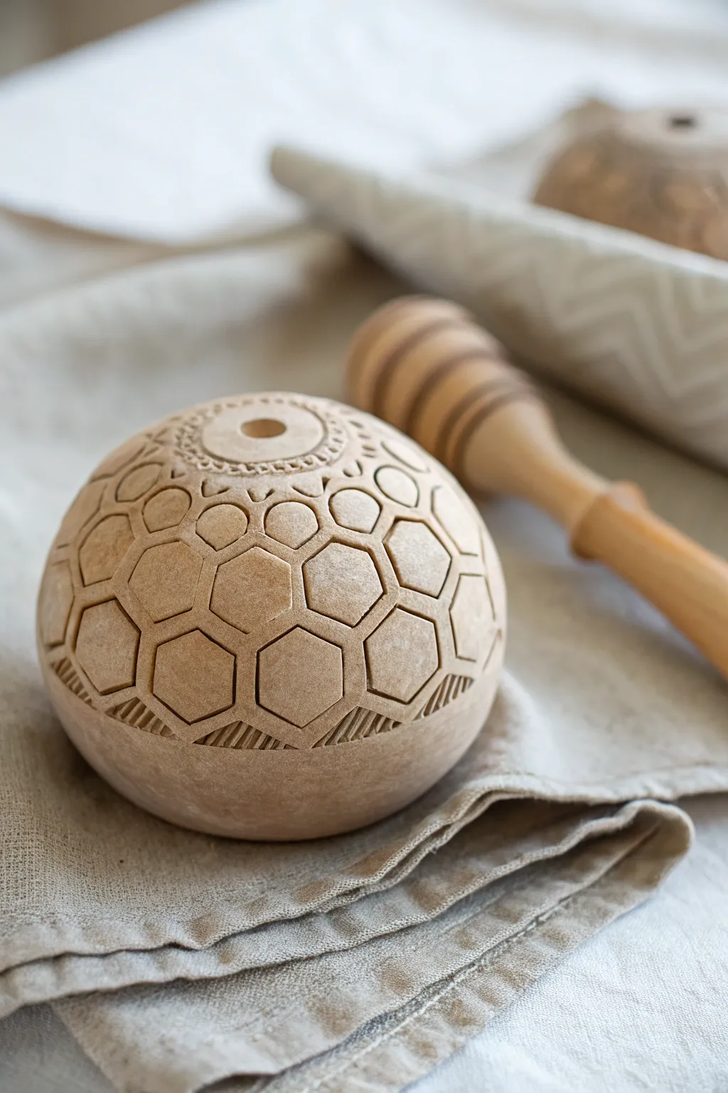 Discover the elegance of geometric design with this handcrafted pinch pot rattle, where simplicity meets artistic flair.