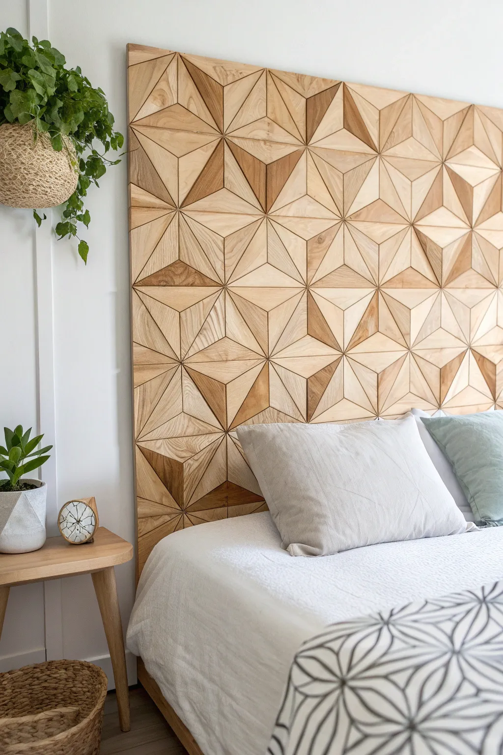 Transform your bedroom with this stunning geometric plywood headboard, where craftsmanship meets minimalist elegance.