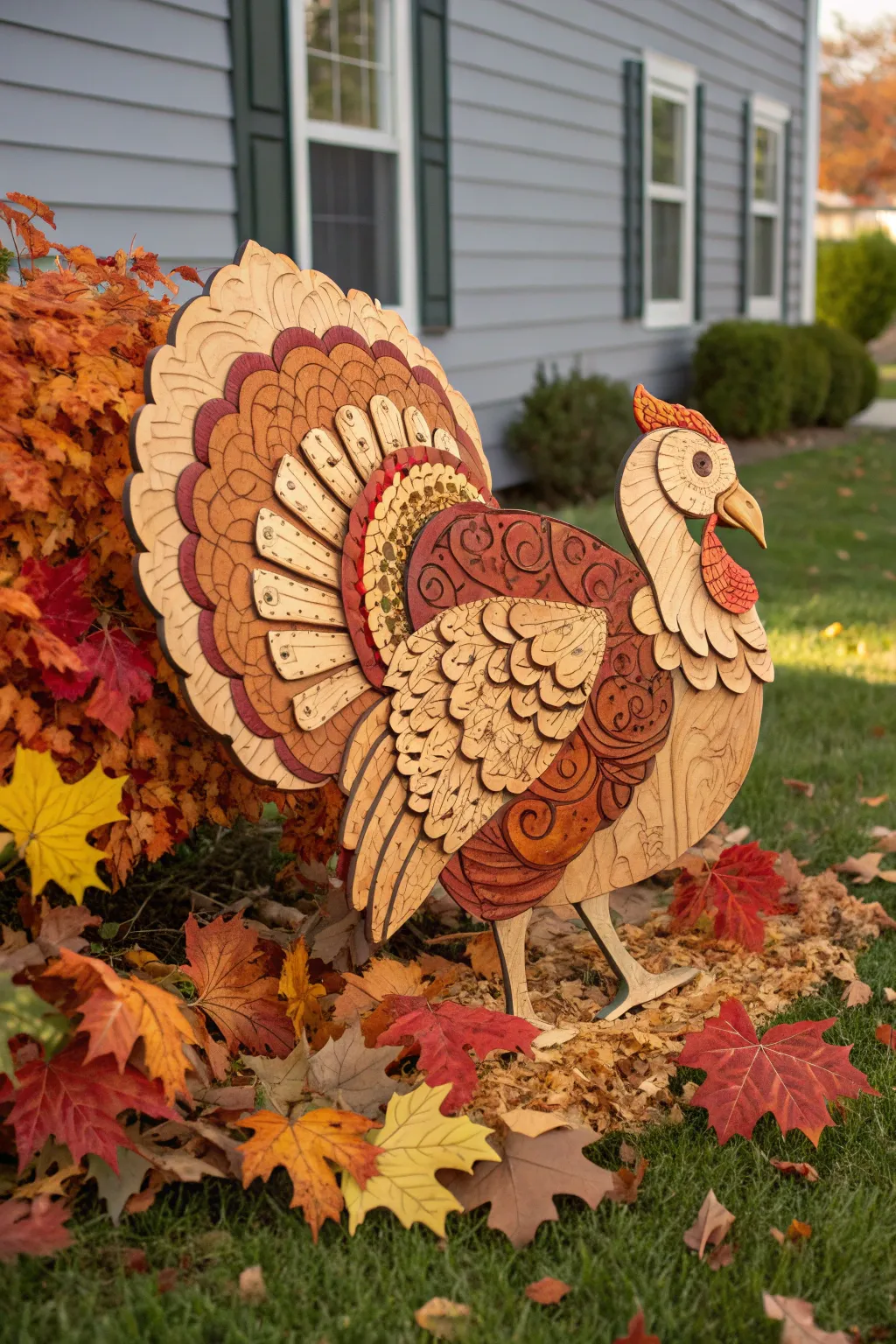 Celebrate the season with handcrafted elegance: a stunning plywood turkey amidst autumn leaves.