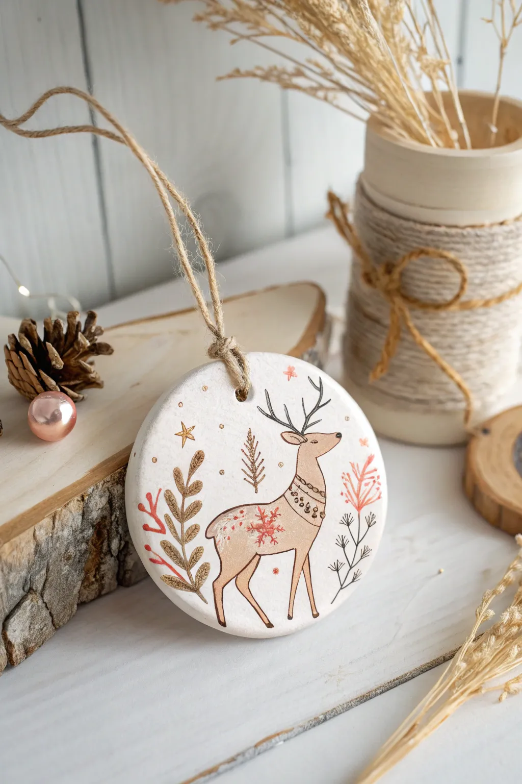 Embrace the holiday spirit with this charming handcrafted reindeer ornament, a perfect blend of playful design and minimalist beauty.