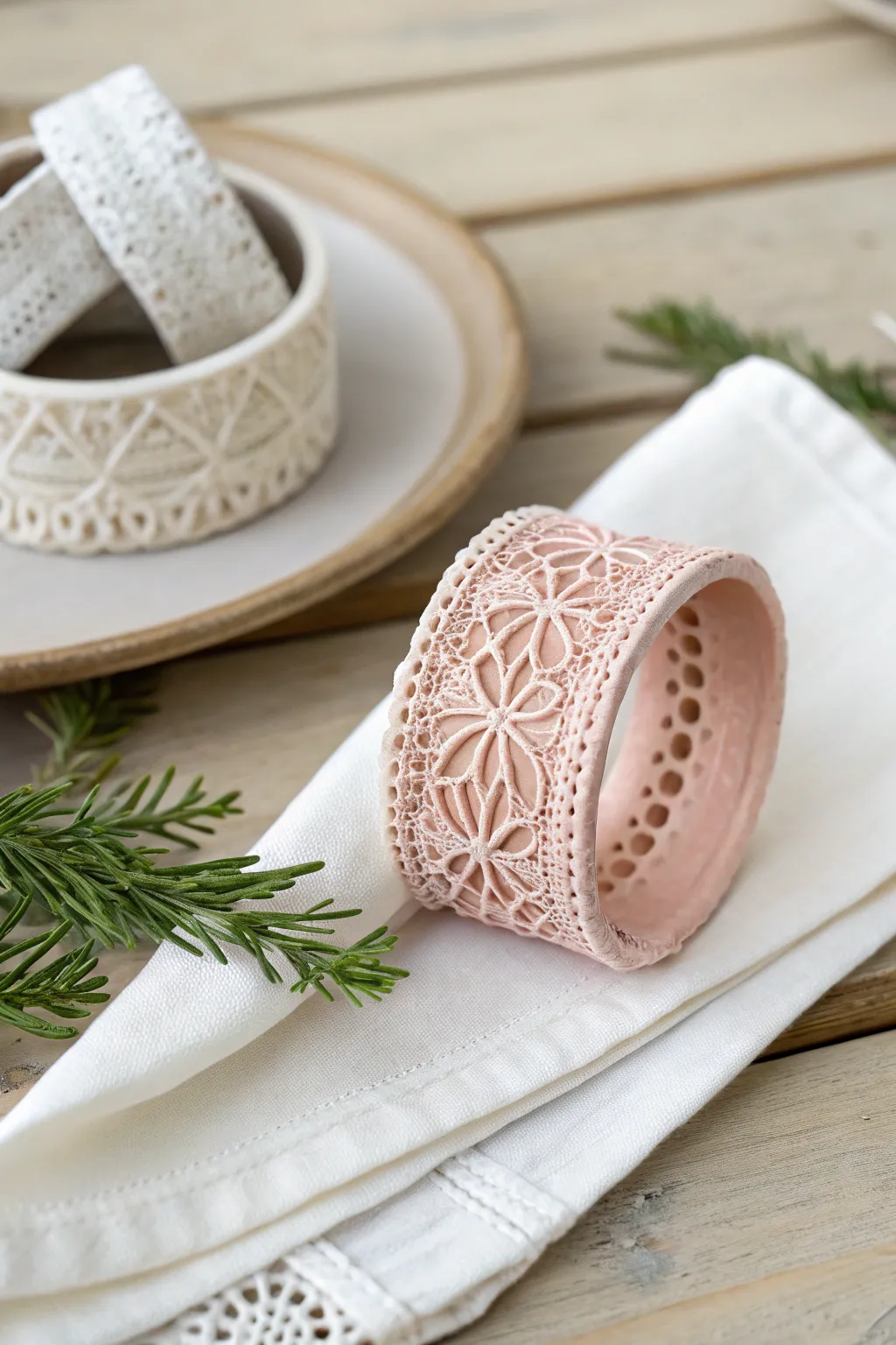 Elevate your table setting with the graceful allure of lace-imprinted clay napkin rings.