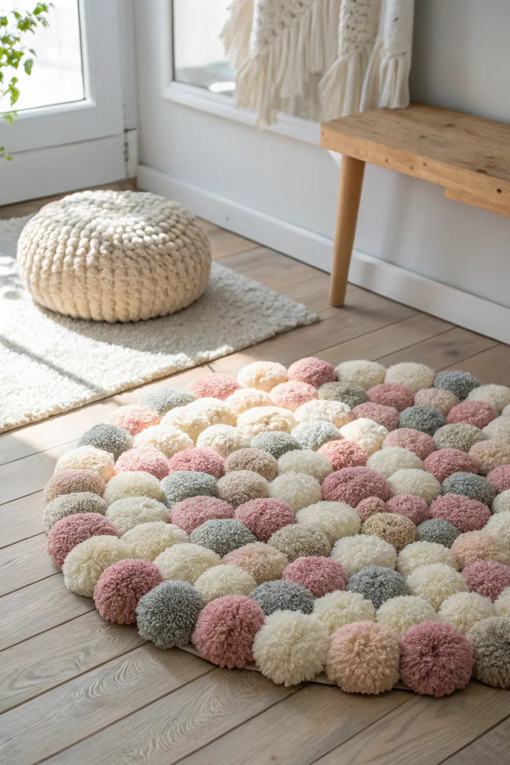 Add dimension to your space with a cozy, multi-textured pom pom rug!