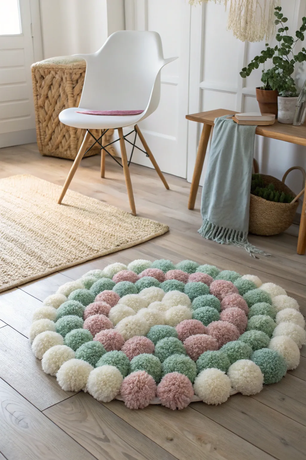 Transform your space into a cozy retreat with this handcrafted pom pom rug, where simplicity meets boho elegance.