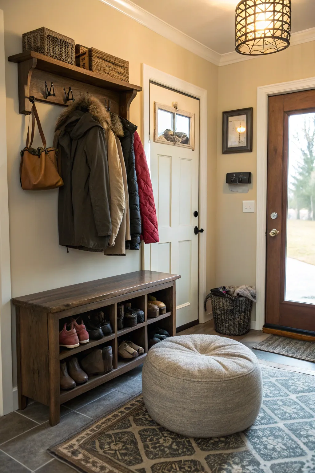 A poof adds a welcoming touch to this elegant entryway.
