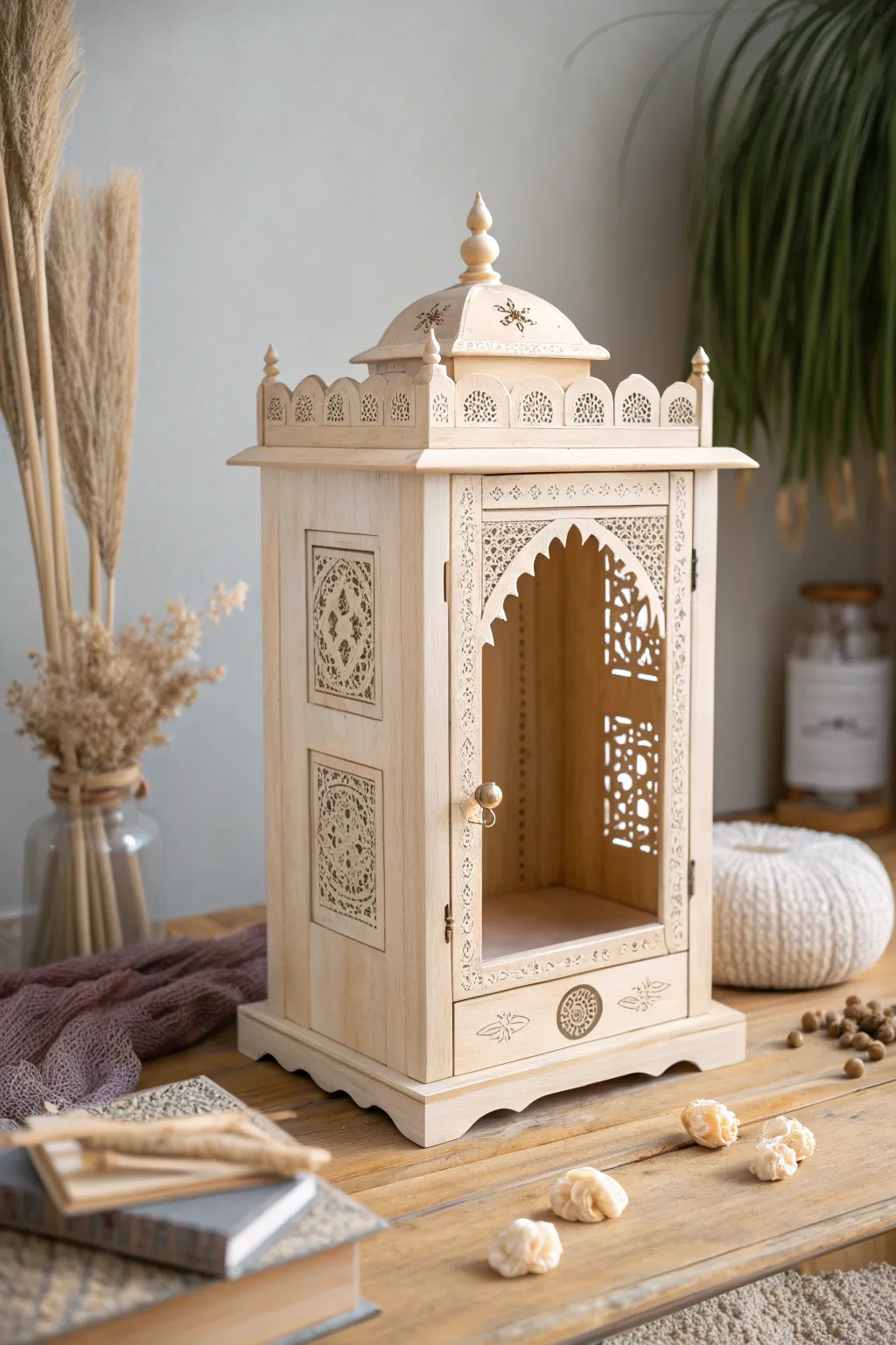 Embrace tranquility with a beautifully crafted portable mandir, blending Scandinavian simplicity with Boho charm.