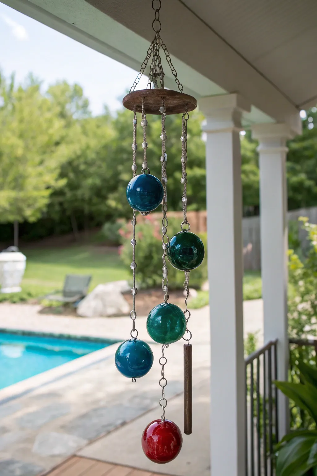 Add a splash of color and melody to your outdoor space with handcrafted pool ball wind chimes.