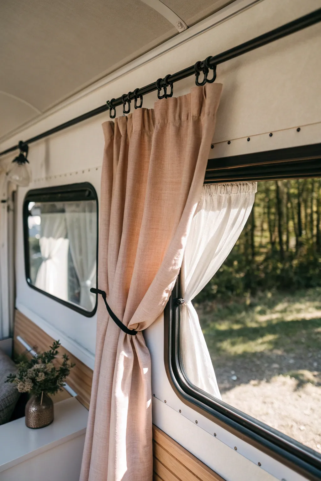 Transform your camper with the chic simplicity of bungee cord-hung curtains.