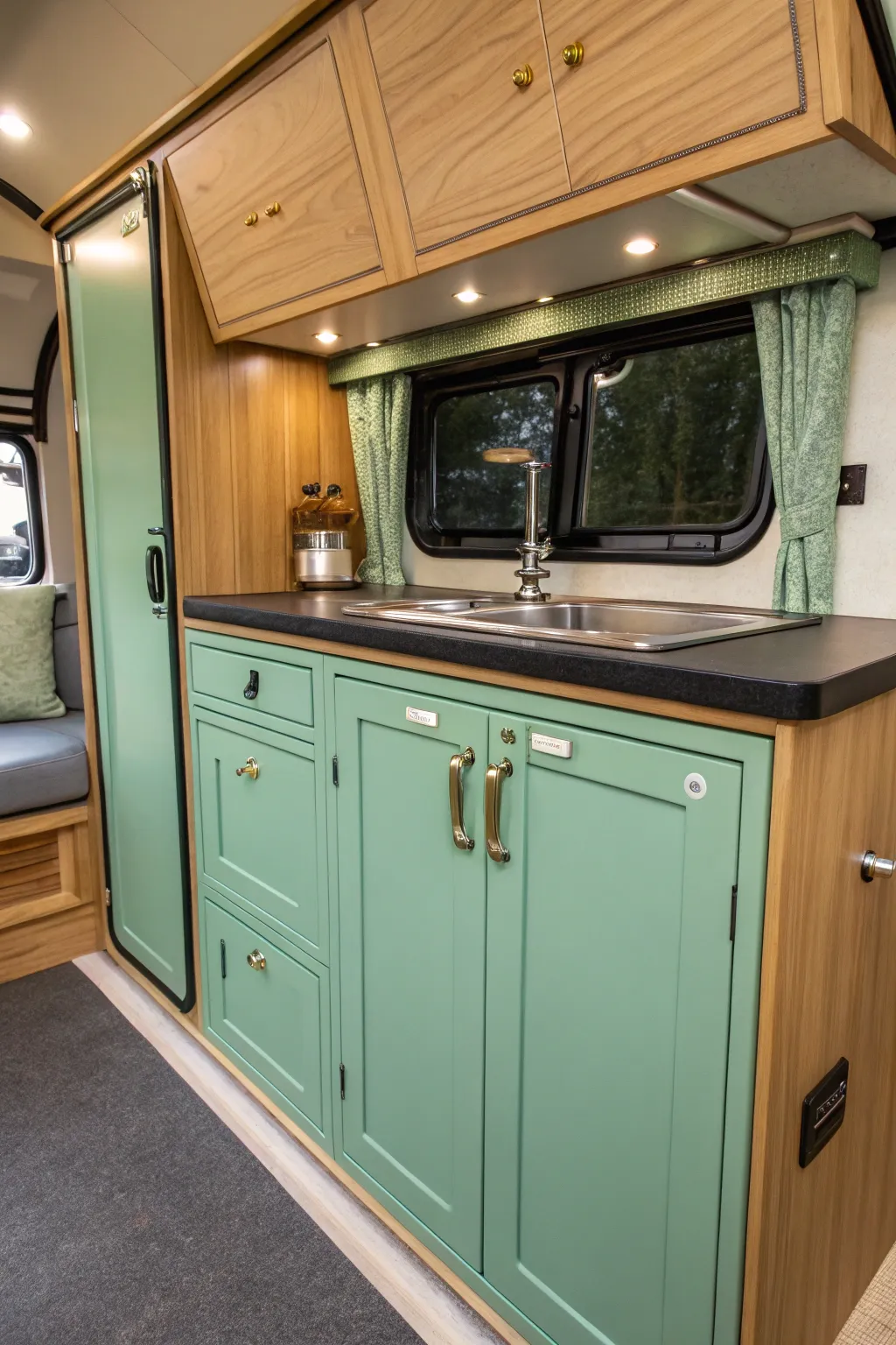 Transform your camper with a mint green kitchenette makeover—where craftsmanship meets style.