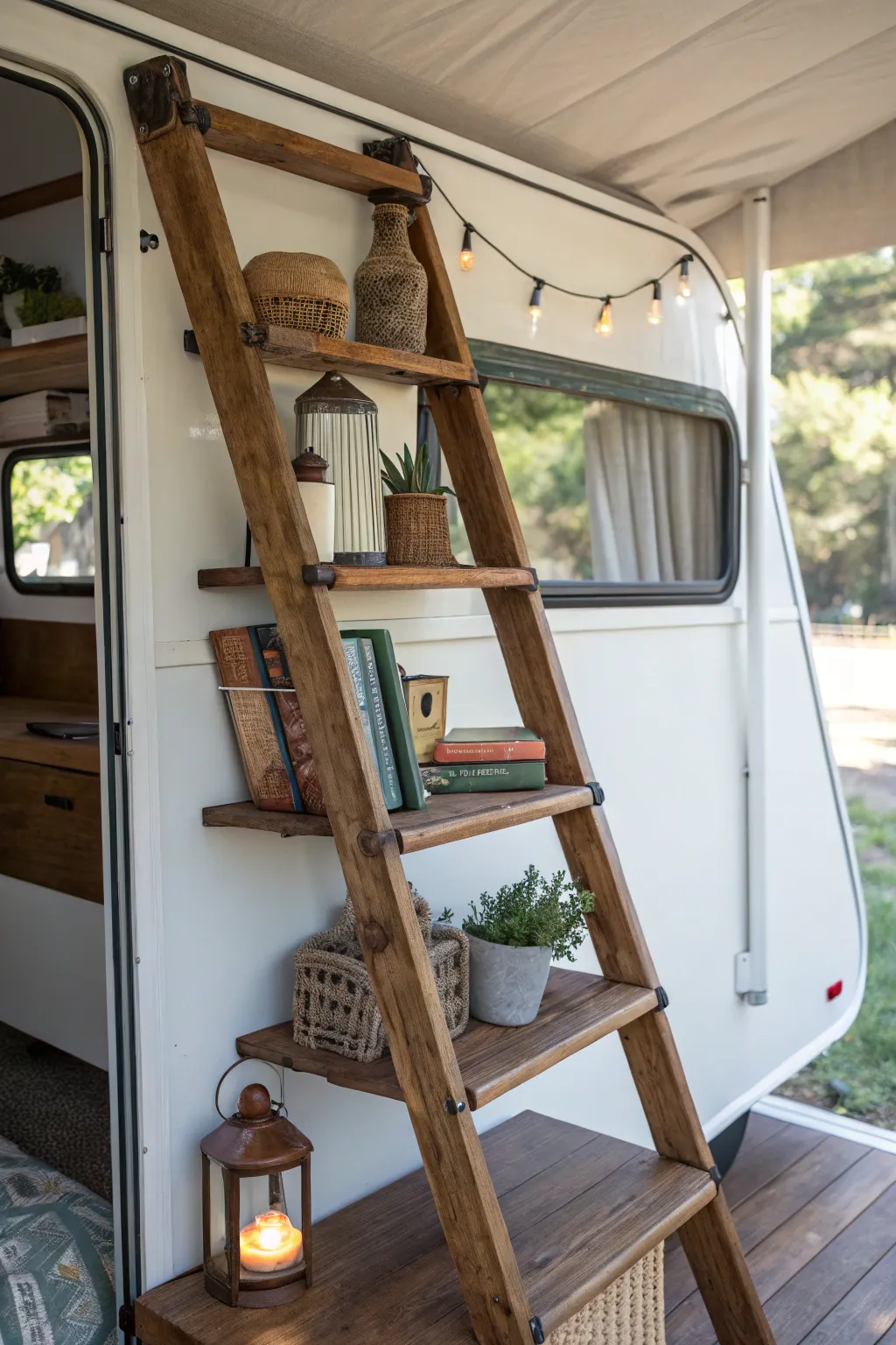 Transform your space with upcycled charm: A vintage ladder shelf adds character and style to your camper remodel.
