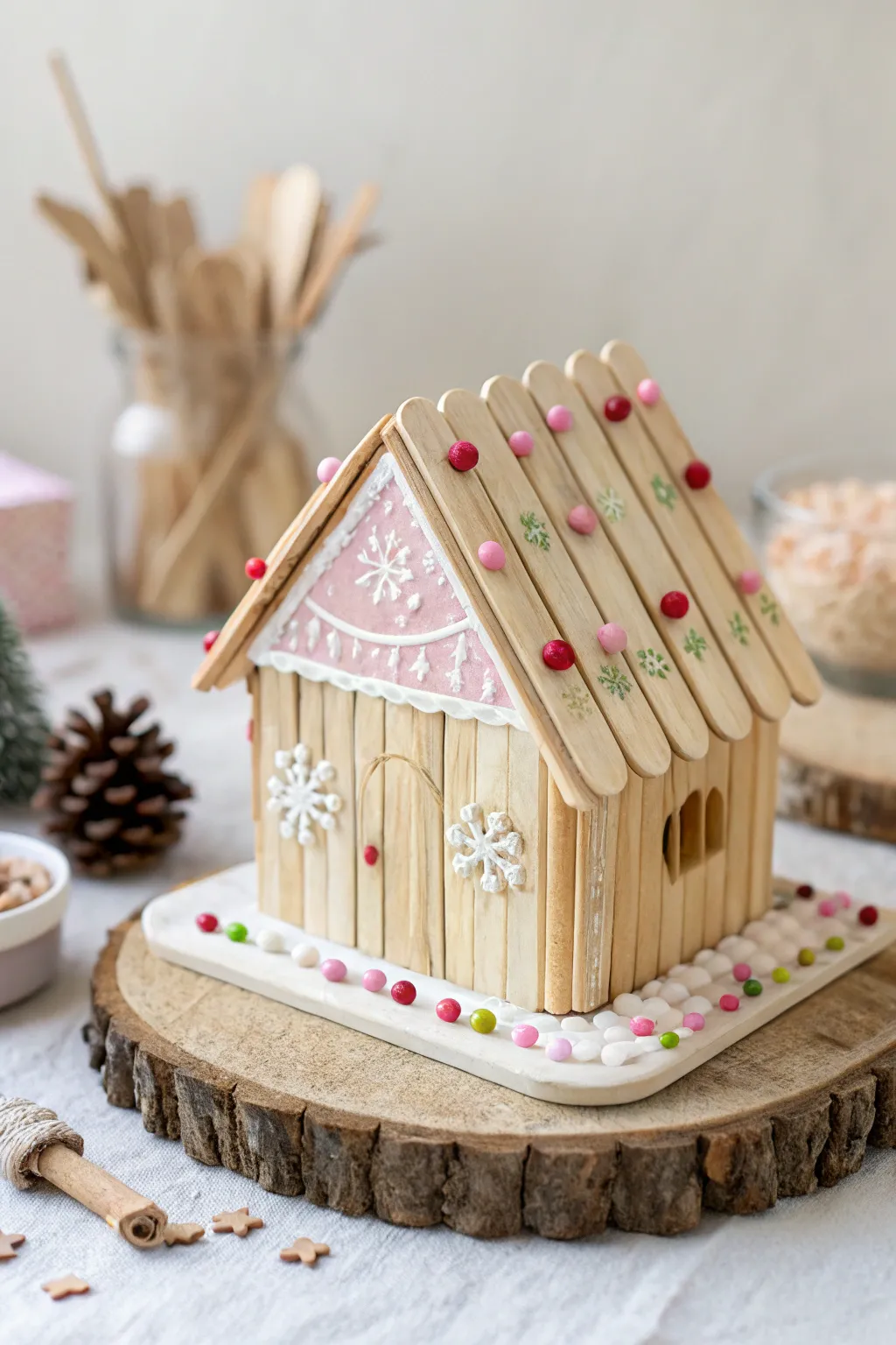 Charming gingerbread house decor: A minimalist masterpiece crafted from popsicle sticks!
