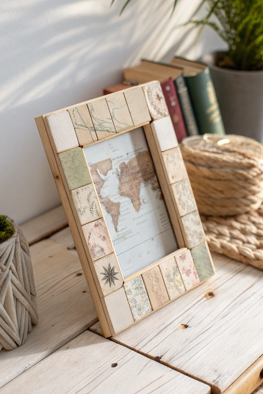 Travel memories encapsulated in vintage charm: a popsicle stick frame with a boho twist.