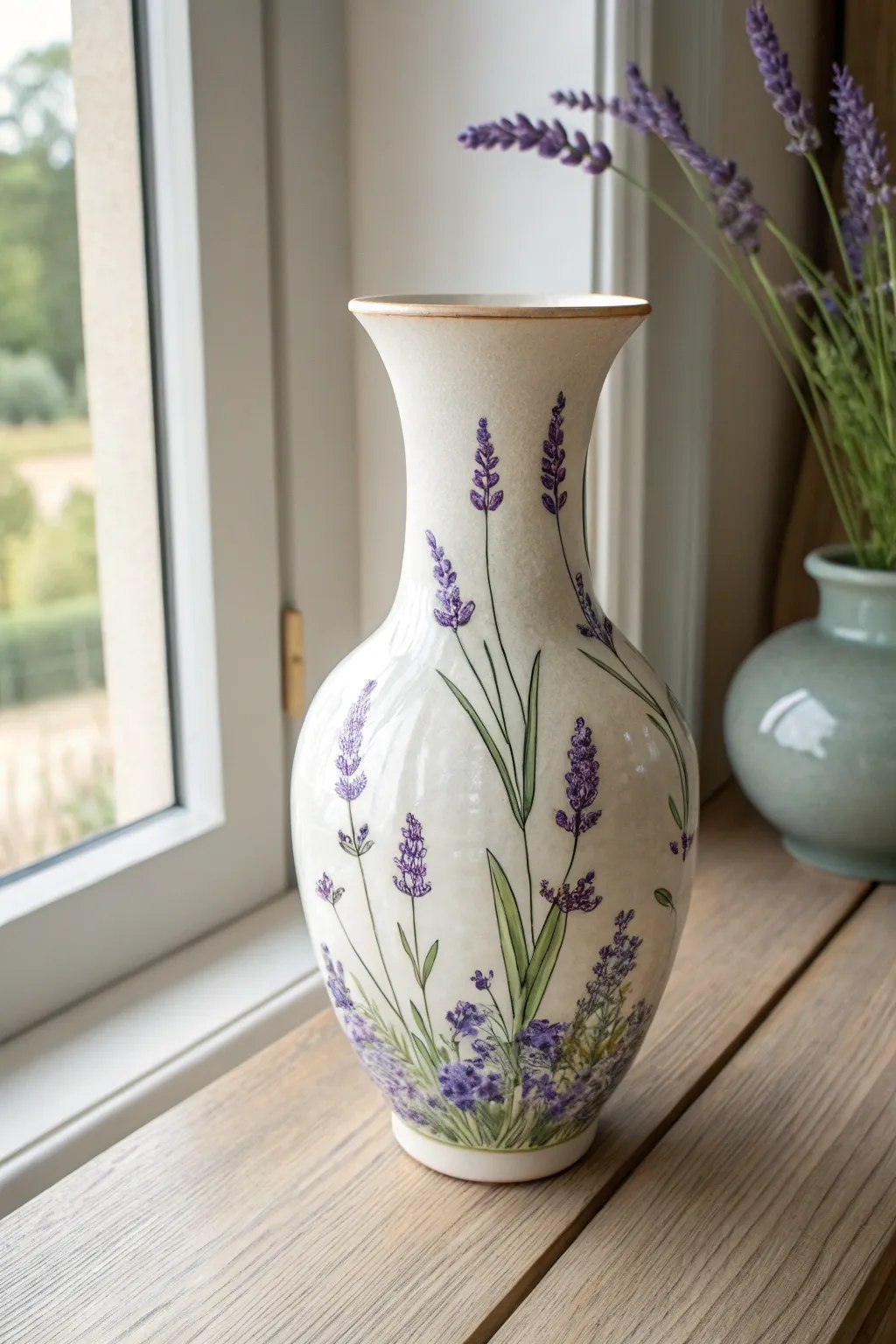 Bring the serene beauty of lavender fields into your home with this elegant hand-painted vase.