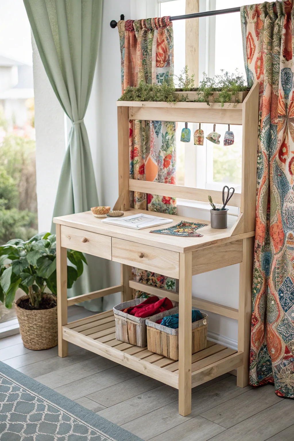 Transform your potting bench into a chic workspace with colorful curtains that conceal clutter and add a touch of playful elegance.