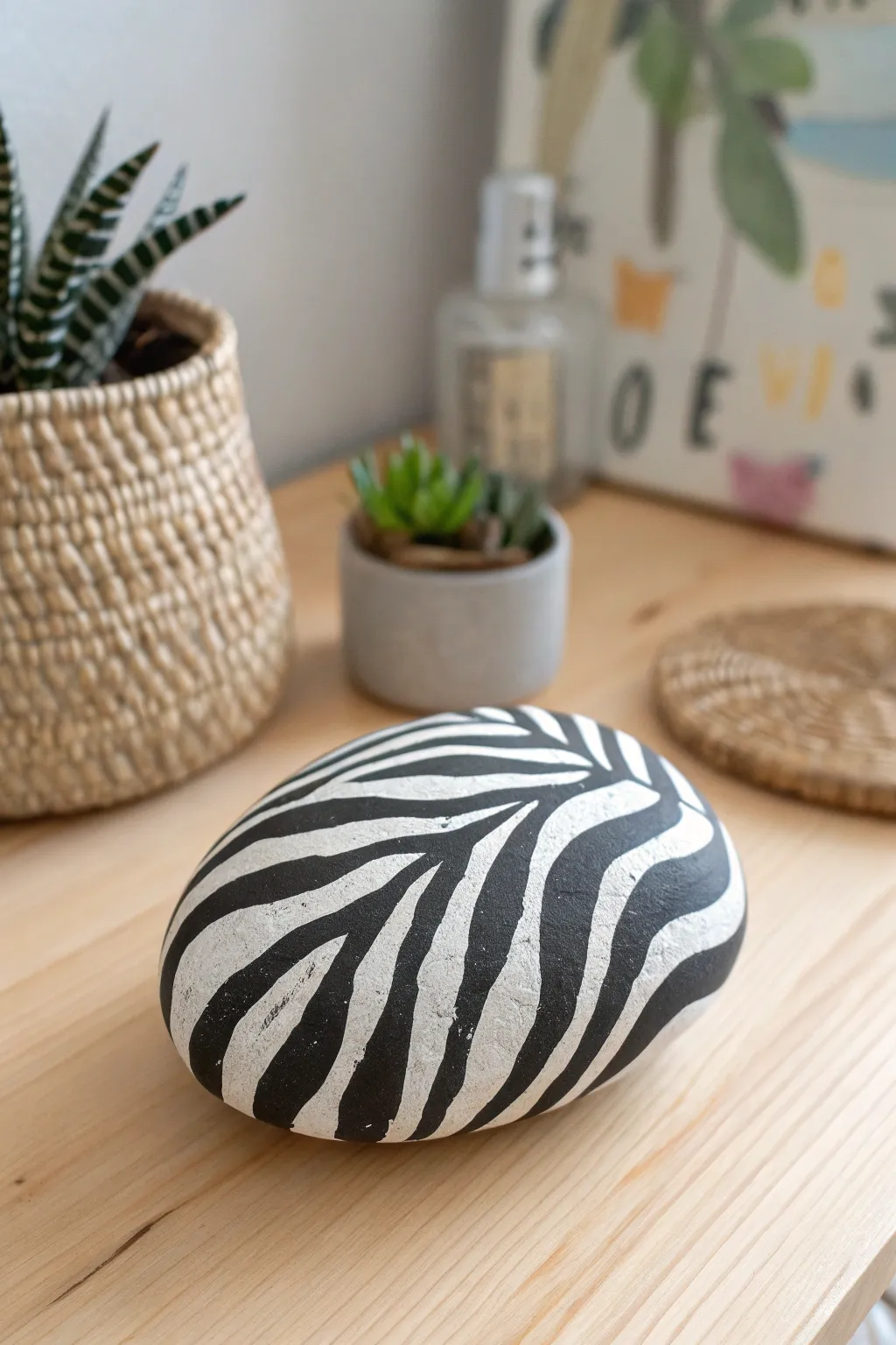 Unleash your creativity with chic zebra-striped rock art, bringing a touch of safari elegance to your minimalist decor.