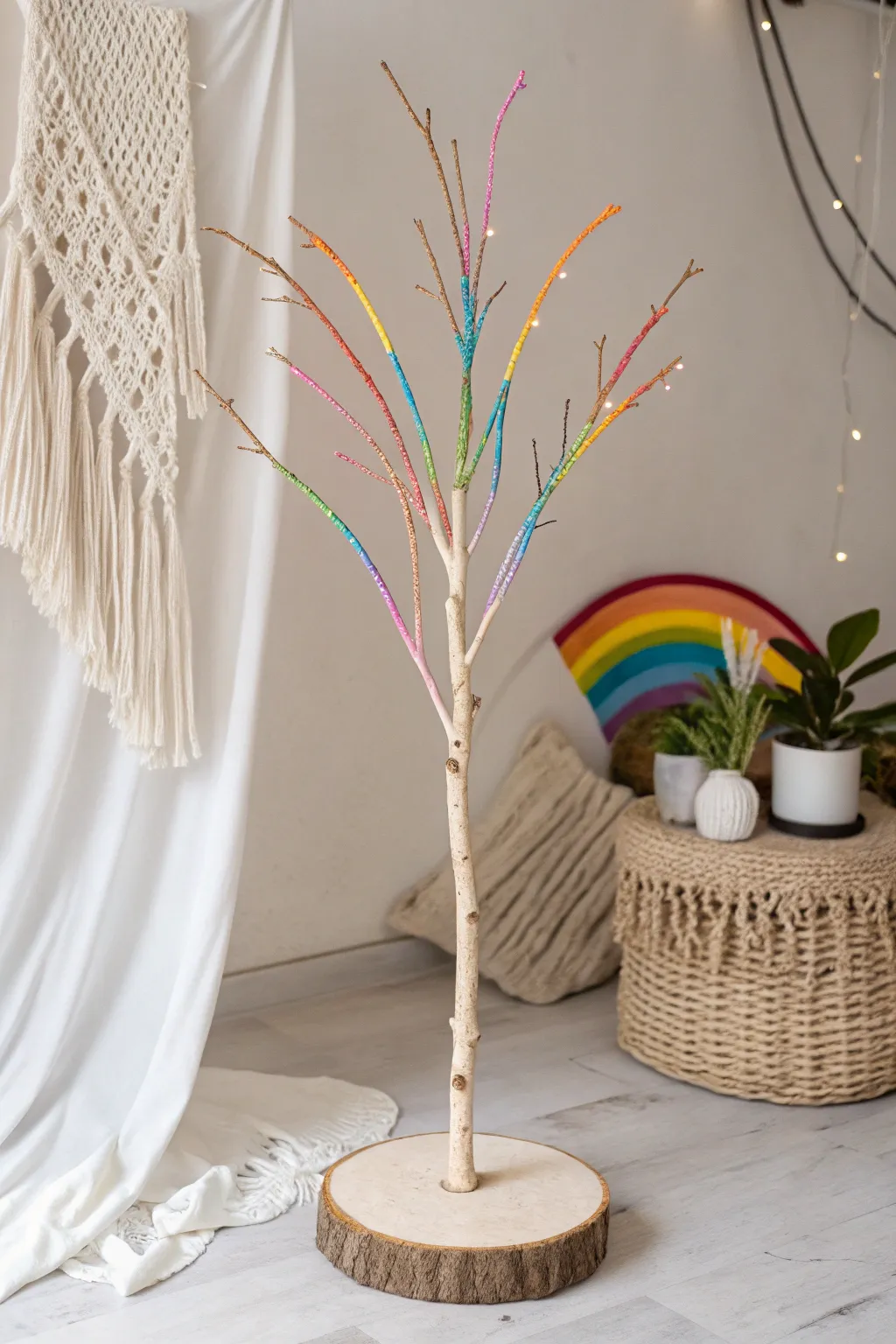 Embrace simplicity with a touch of color: Create your own whimsical rainbow tree from nature's gifts.