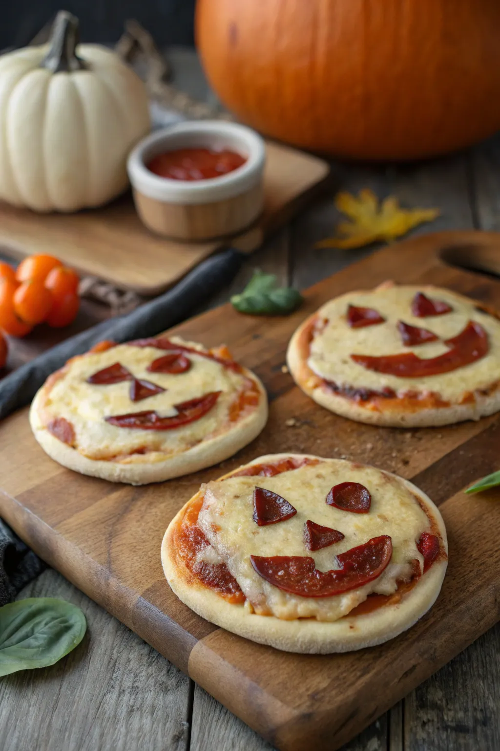Jack-o'-lantern pizzas that let guests get creative with their toppings.