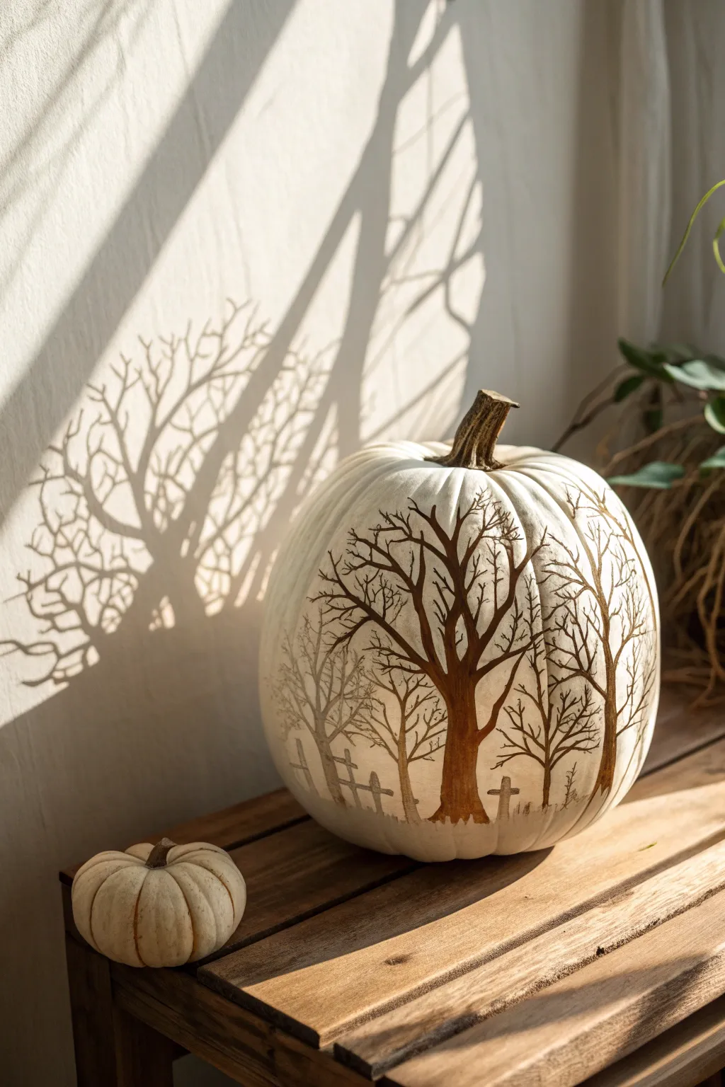 Embrace the enchantment of spooky shadows with minimalist tree carvings. 🎃✨