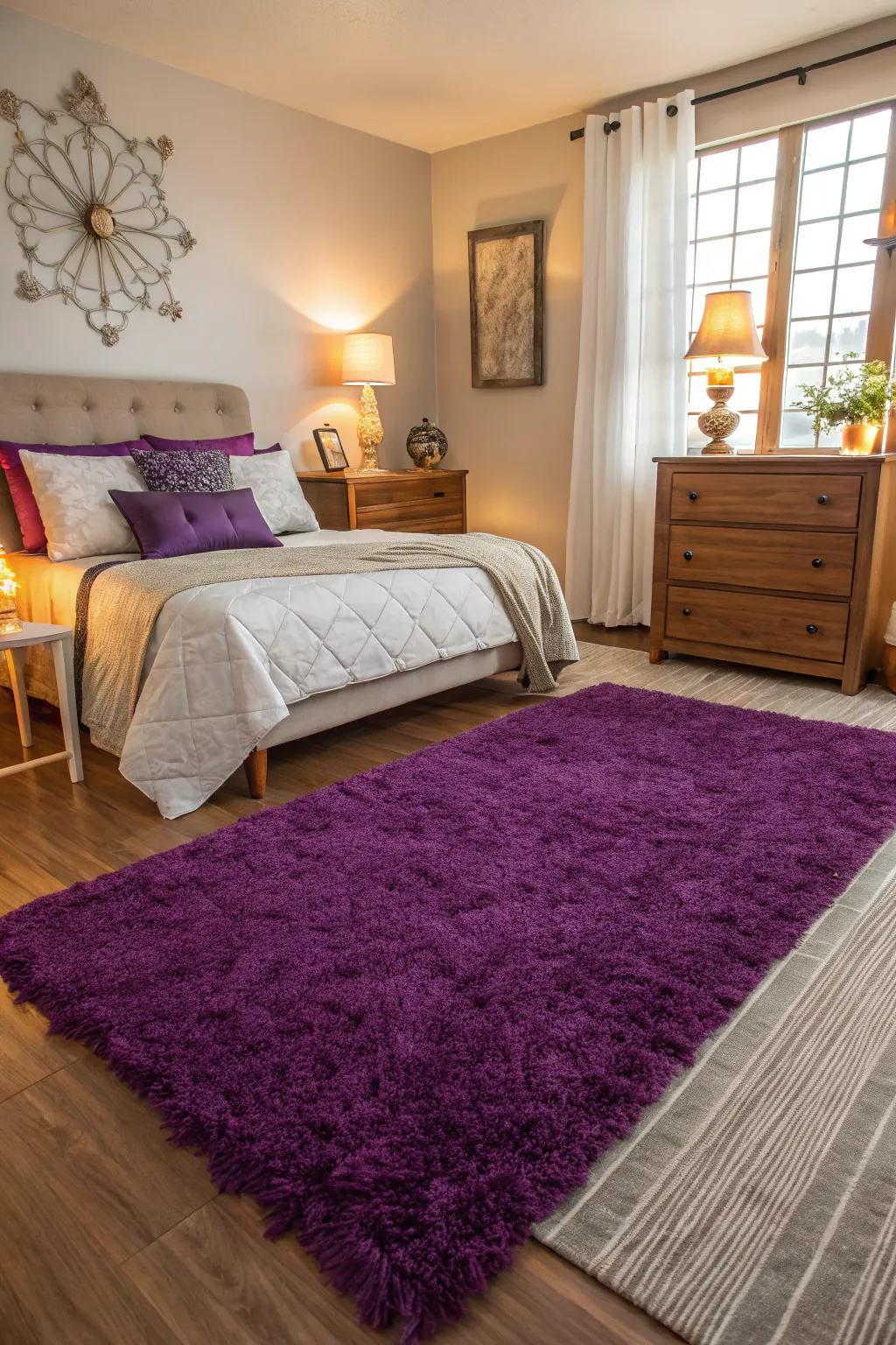 A bold purple rug grounds the bedroom with color.