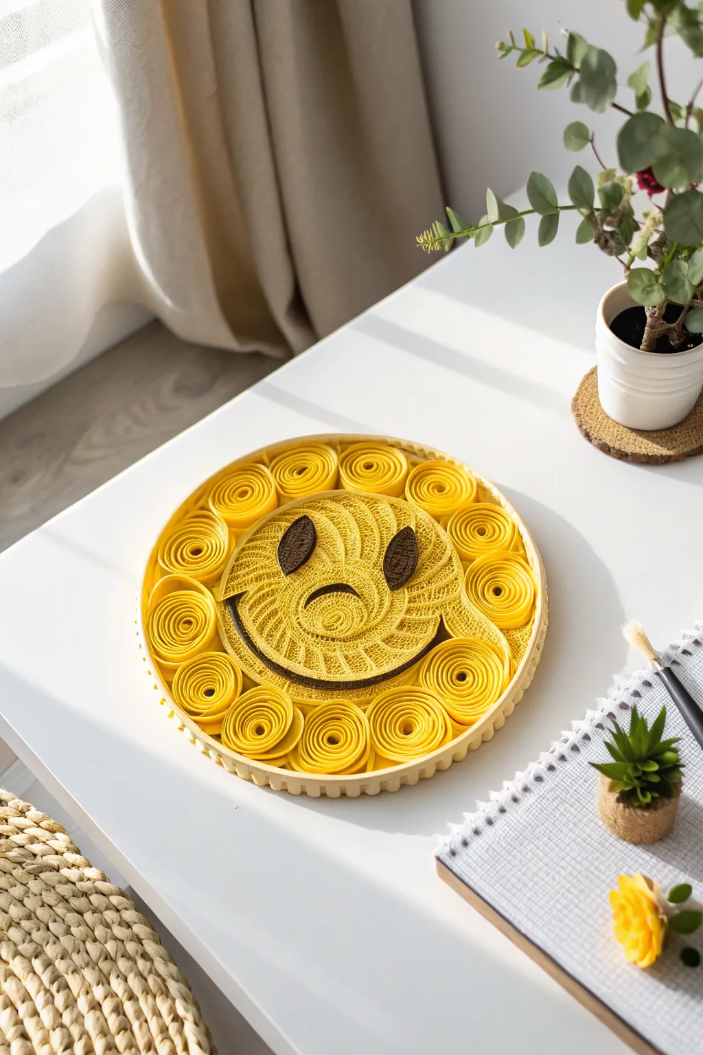 Brighten your space with a touch of quirky elegance: a handcrafted quilled emoji smiling at your desk.