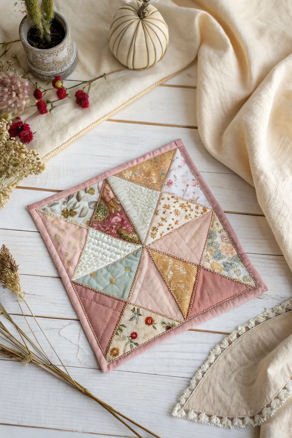 Embrace the art of imperfection with this Crazy Quilt Collage block, where textures and colors dance in harmony.