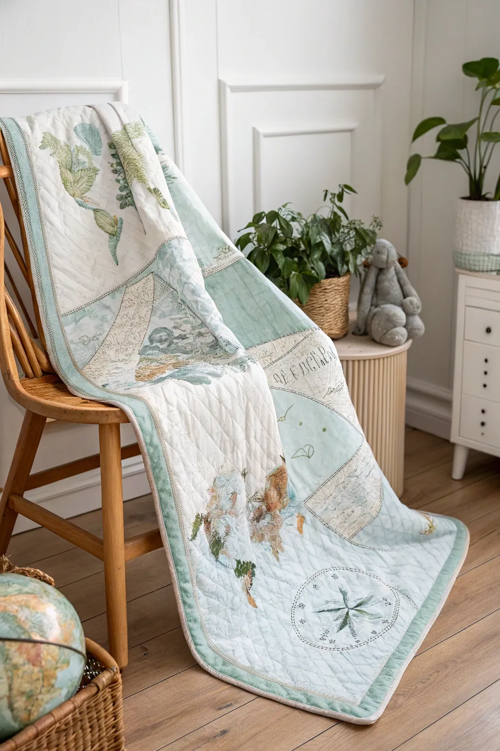 Dream of distant lands with this travel-inspired quilt, perfect for adventurous newlyweds.