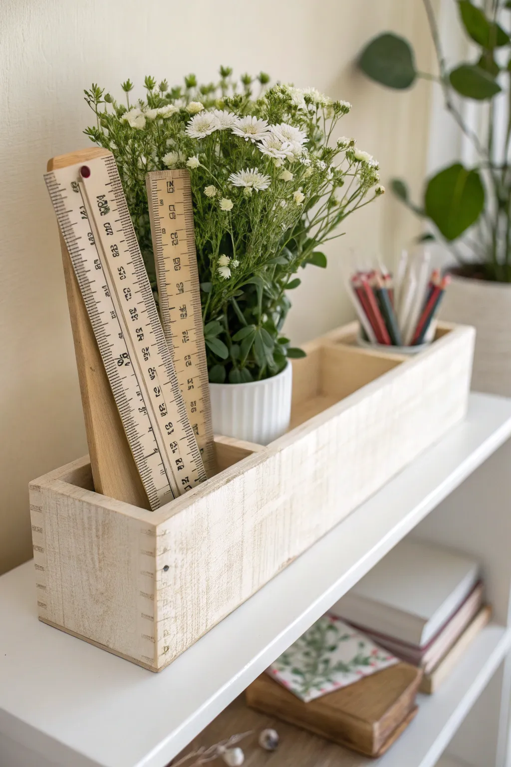 Discover the elegance of simplicity with this recycled flower box, the perfect Scandinavian touch for organizing your quilting rulers.