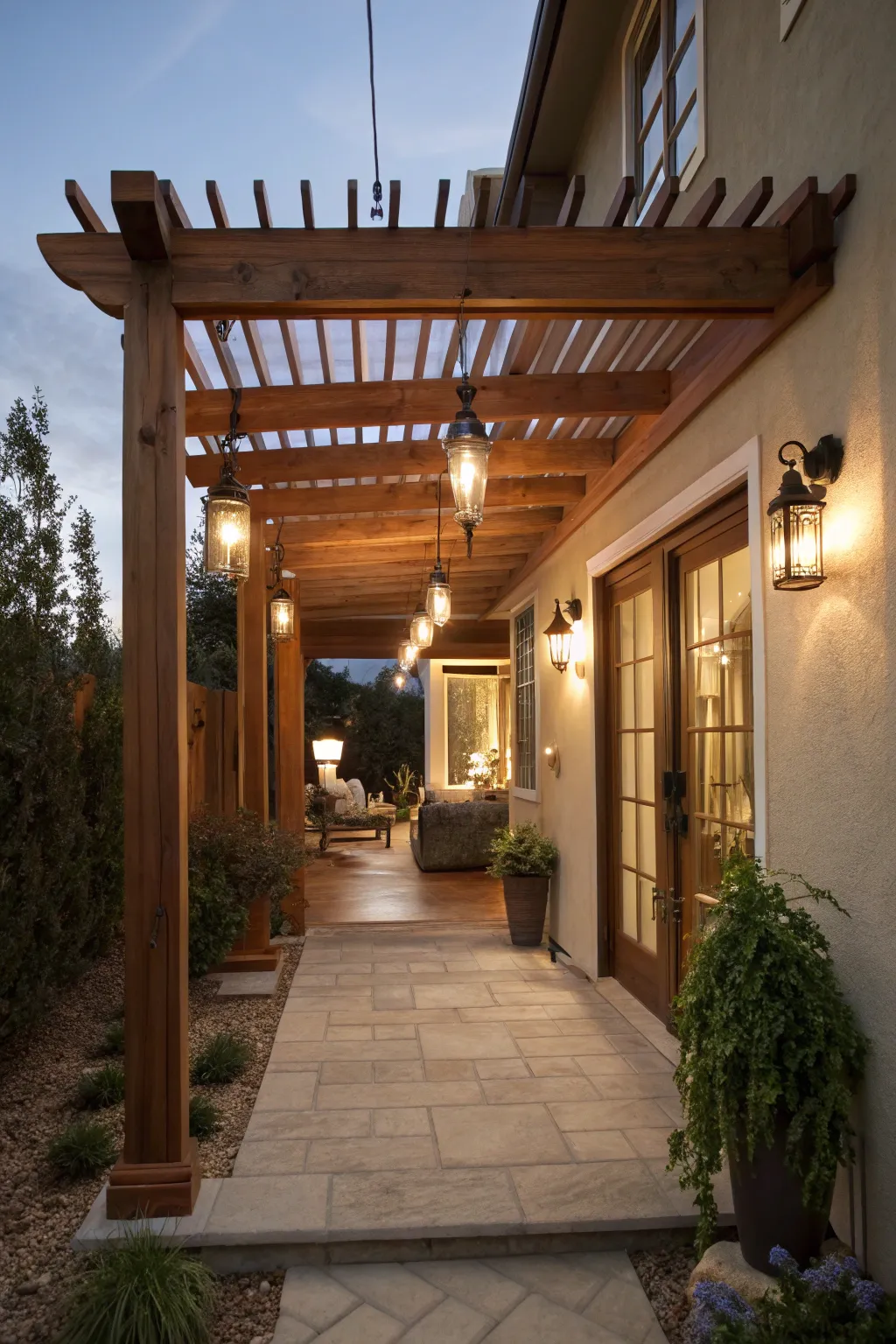 An overhead pergola adding structure and charm.