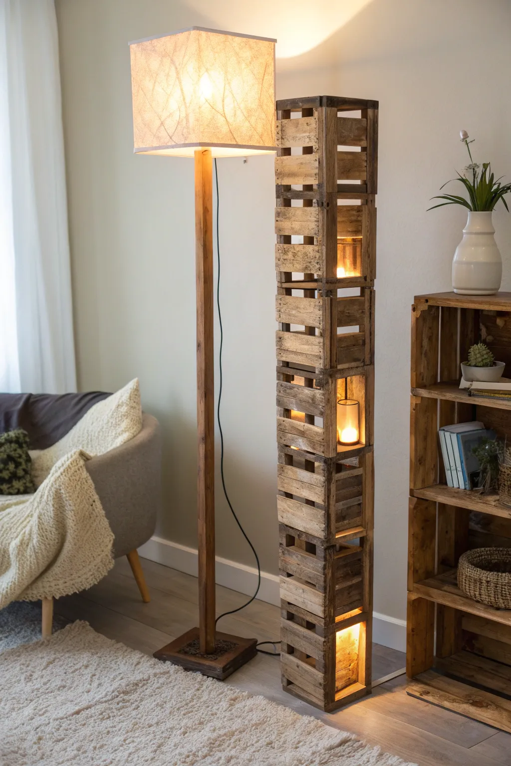 Illuminate your space with the simple elegance of a DIY wooden crate floor lamp, where rustic charm meets minimalist design.