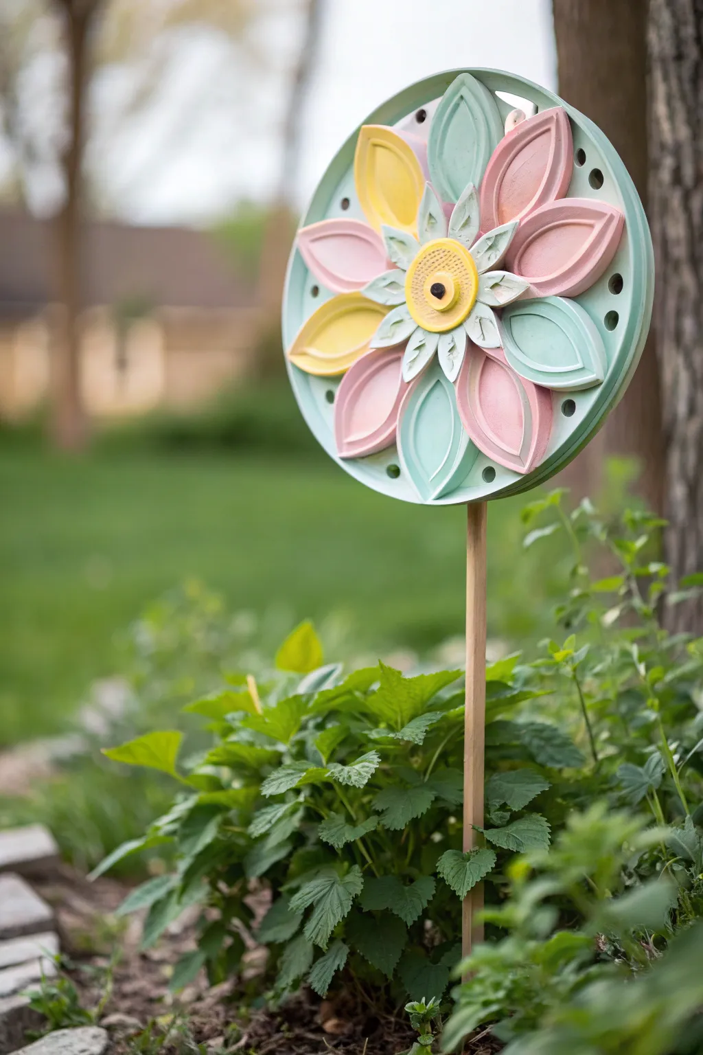 Breathing new life into old treasures: a hubcap reborn as a garden bloom.