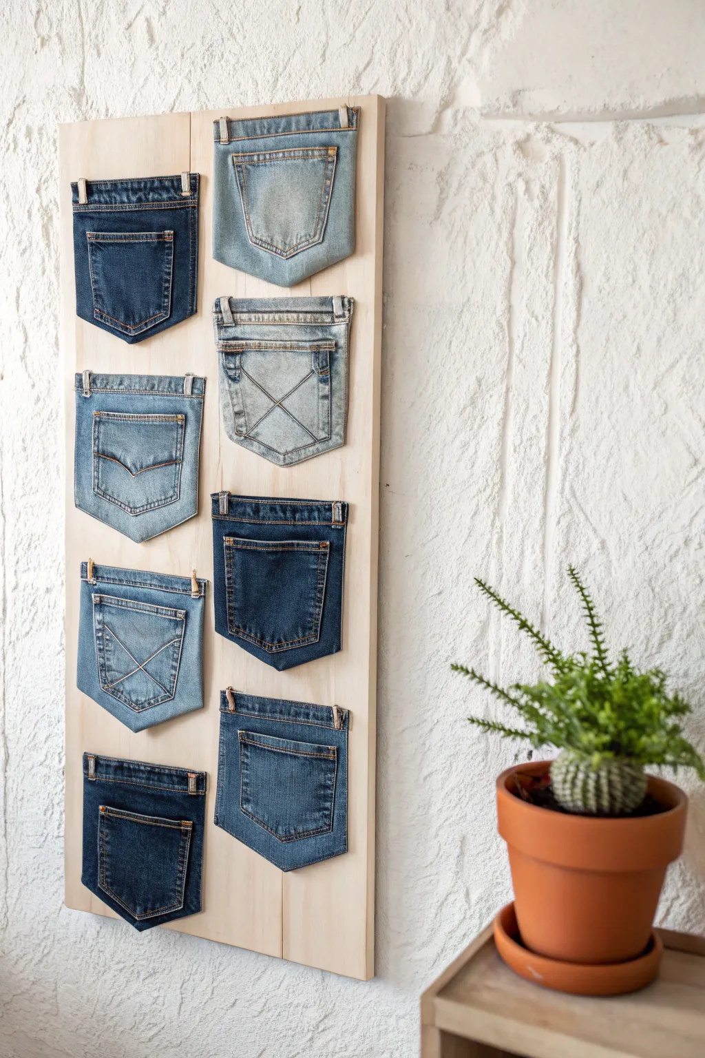 Transform old jeans into a chic and eco-friendly organizer with a touch of Scandinavian elegance.