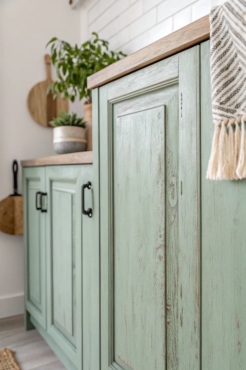 Embrace the charm of vintage flair with a beautifully distressed kitchen cabinet finish.