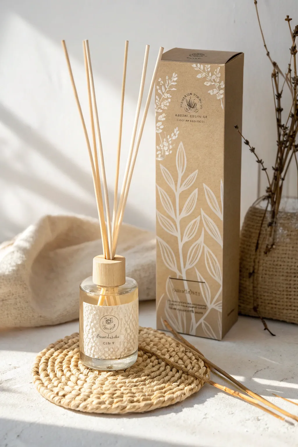 Sustainable elegance: Embrace the beauty of eco-friendly design with this minimalist reed diffuser packaging.