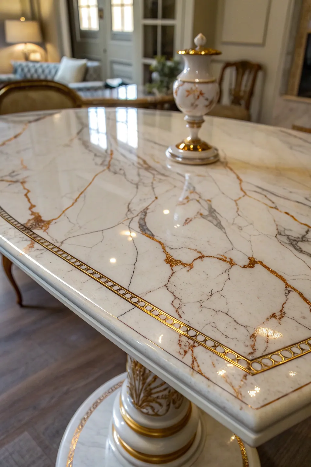 Transform your table with a stunning faux marble finish that captivates with its artistry and elegance.