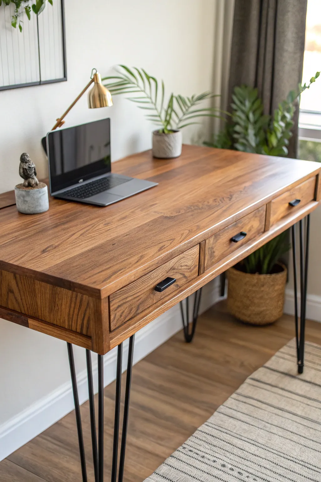 Transform your workspace with this rustic-industrial desk, where natural beauty meets modern simplicity.