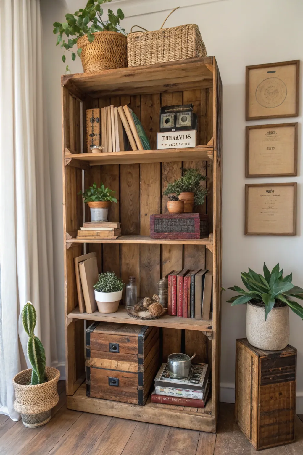 Transform your space with the charm of upcycled wine crates - where vintage meets minimalist elegance. 🍂📚