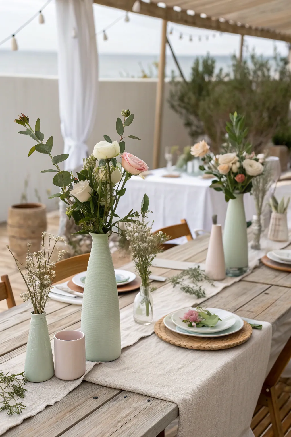 Bud vases with single blooms create a whimsical yet cohesive centerpiece arrangement.