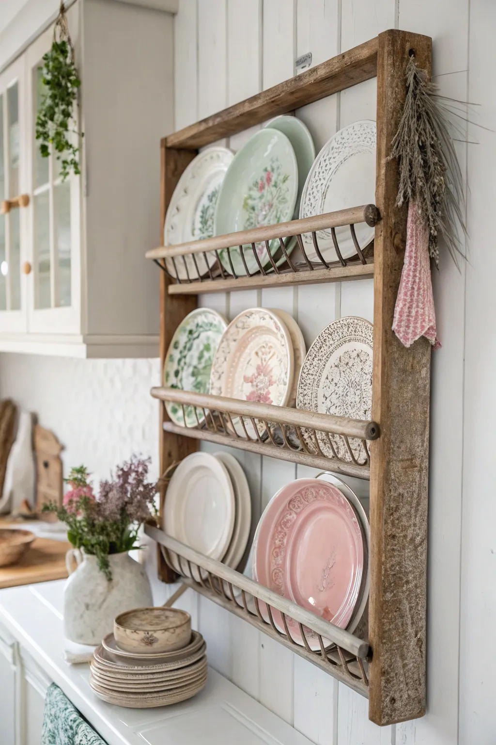 Transform your space with rustic charm: a plate rack crafted from crib sides, showcasing elegance and simplicity.