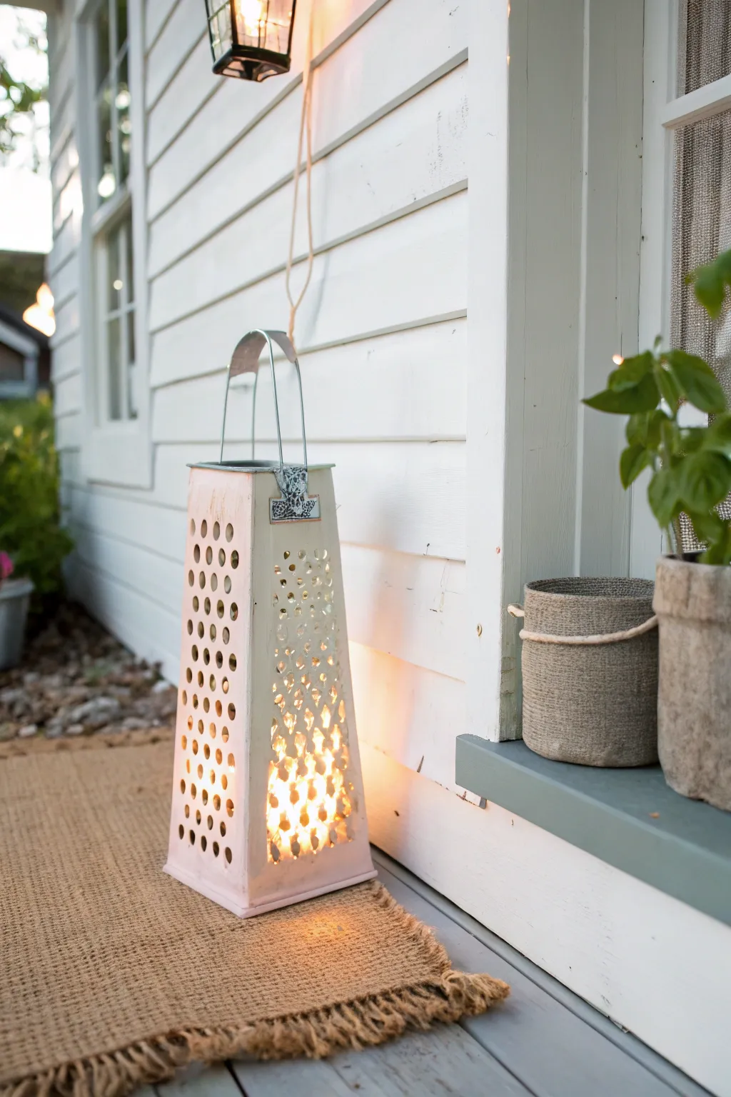 Illuminate your space with creativity: A charming cheese grater lantern casting whimsical shadows.
