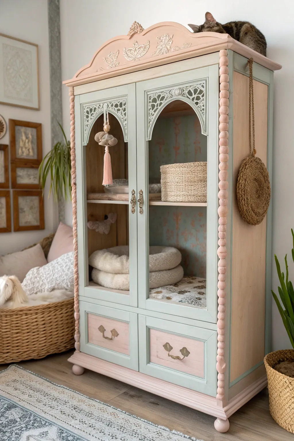 From vintage charm to cozy feline retreat: This repurposed china cabinet is the ultimate pet palace!