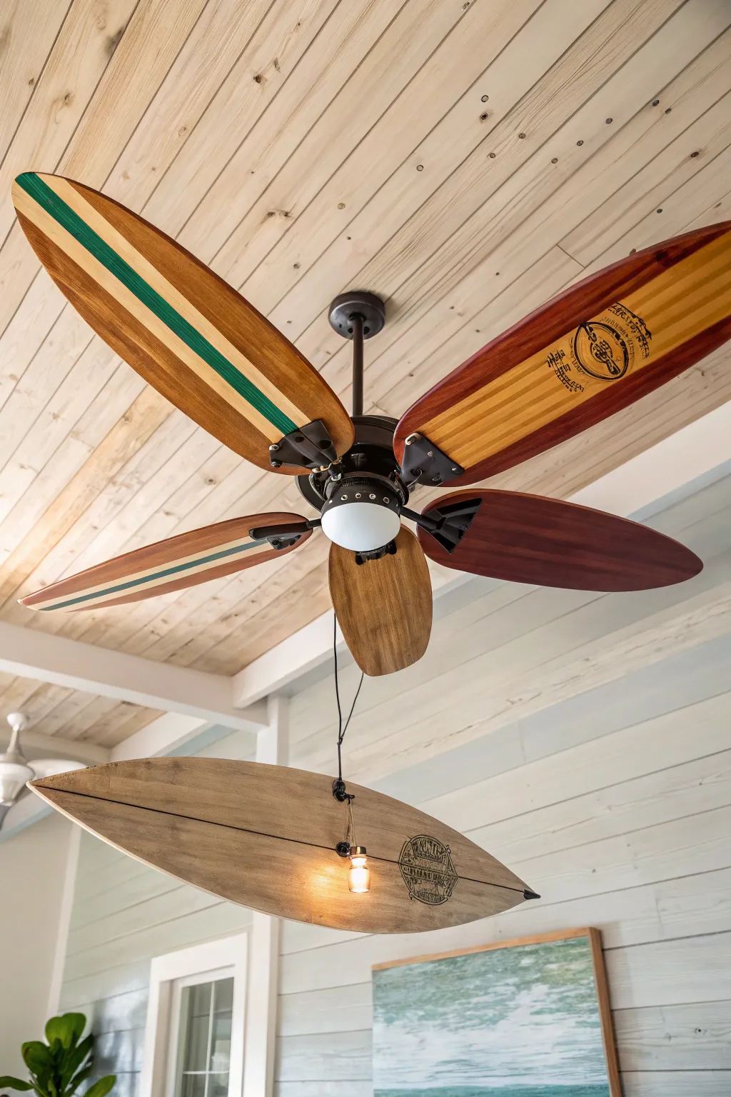 Elevate your space with a coastal breeze: repurposed surfboard fan blades for a touch of oceanic artistry.