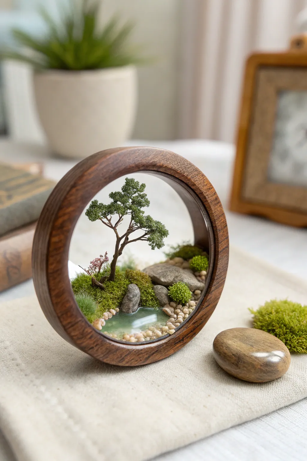 Discover the world in miniature: a serene landscape captured within a resin bezel.