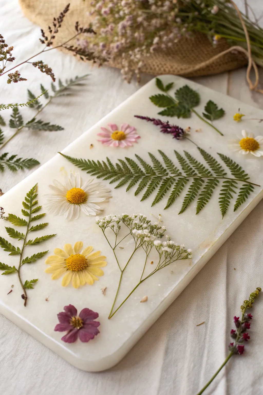 Elevate your dining experience with the natural beauty of a botanical resin charcuterie board.