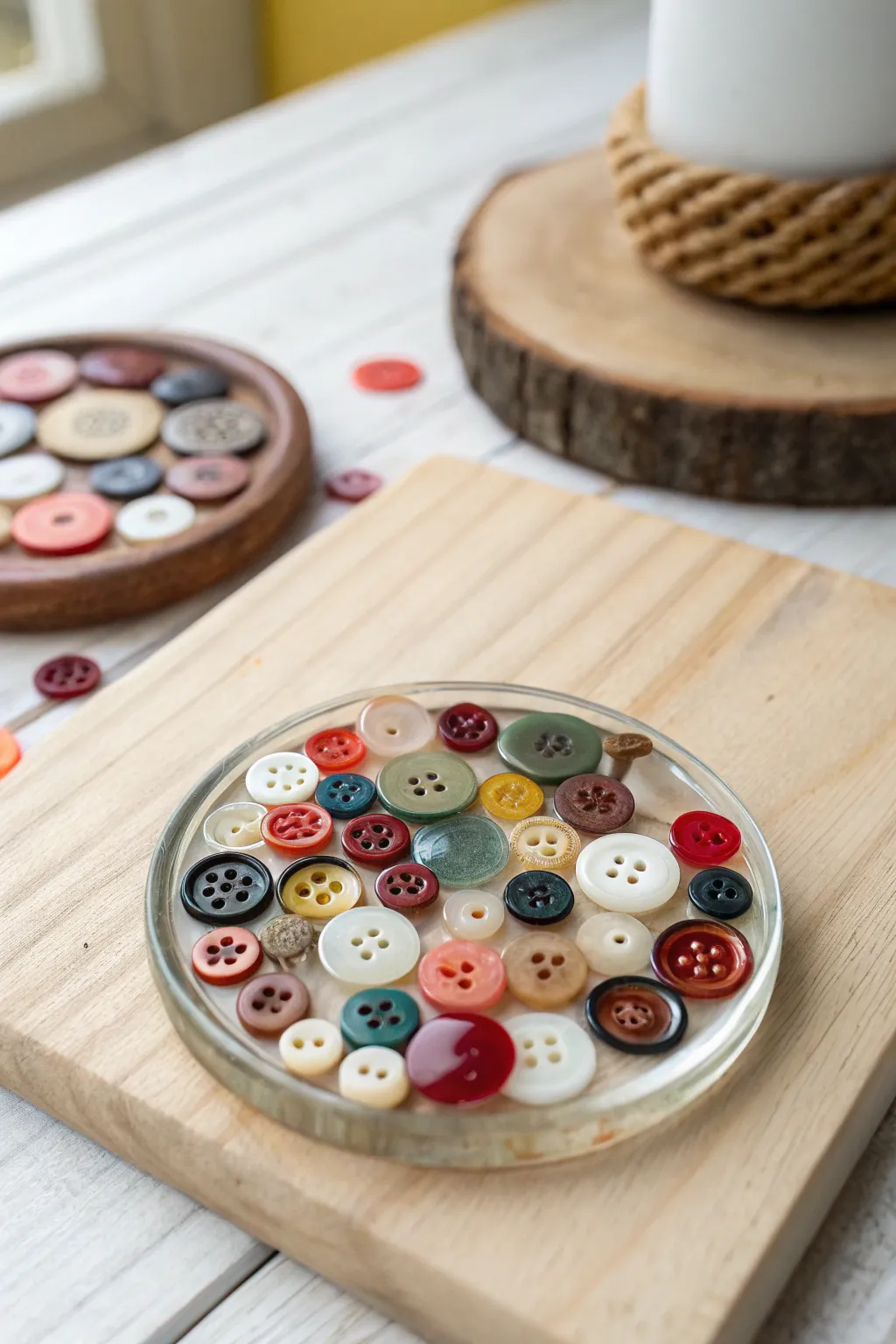 Crafted with charm: A vibrant button-filled resin coaster perfect for sparking conversations and adding a touch of whimsy to your decor.