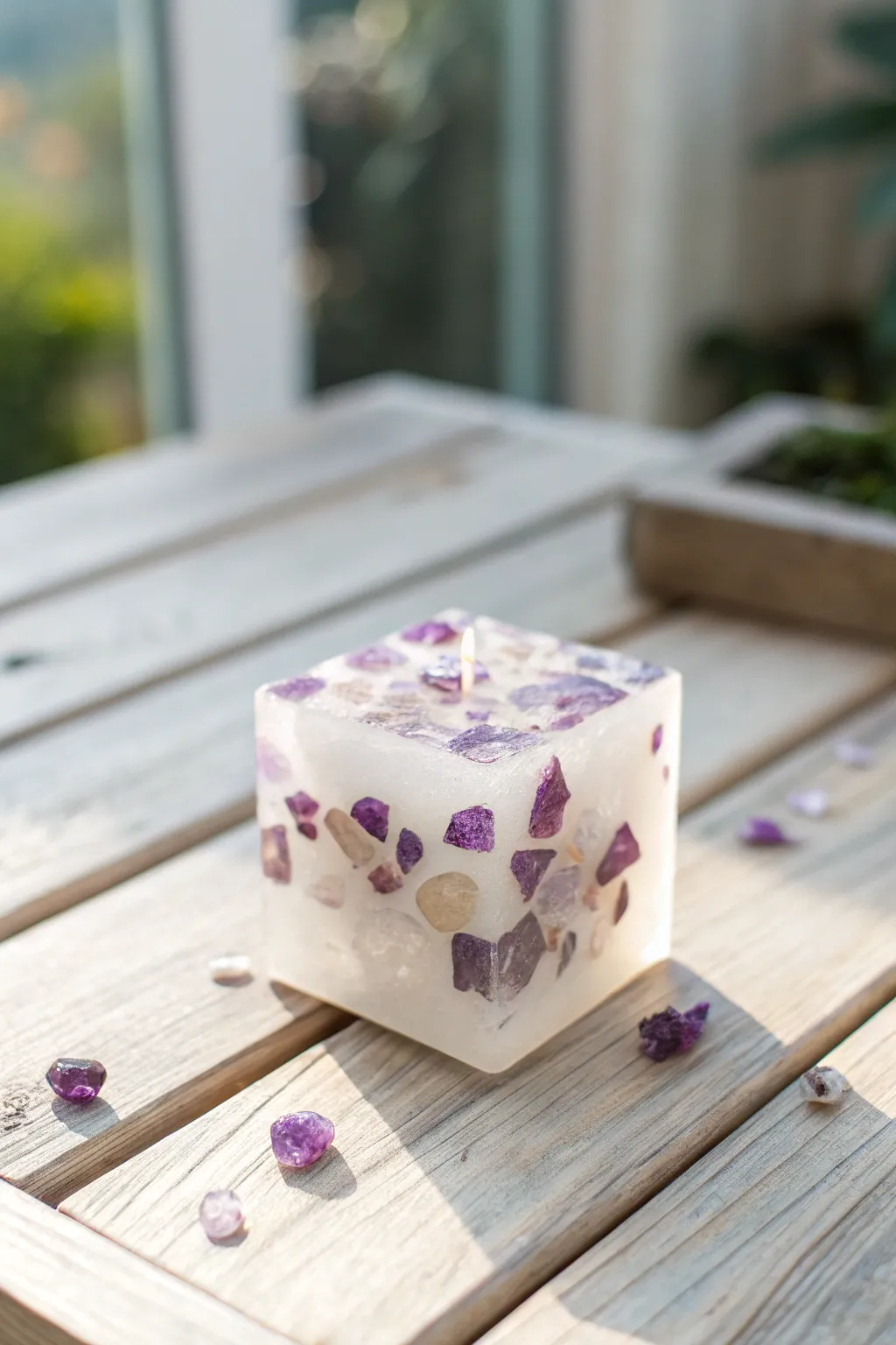 Discover the serene allure of nature with this handcrafted resin cube, featuring calming amethyst chips for a touch of earthy elegance.
