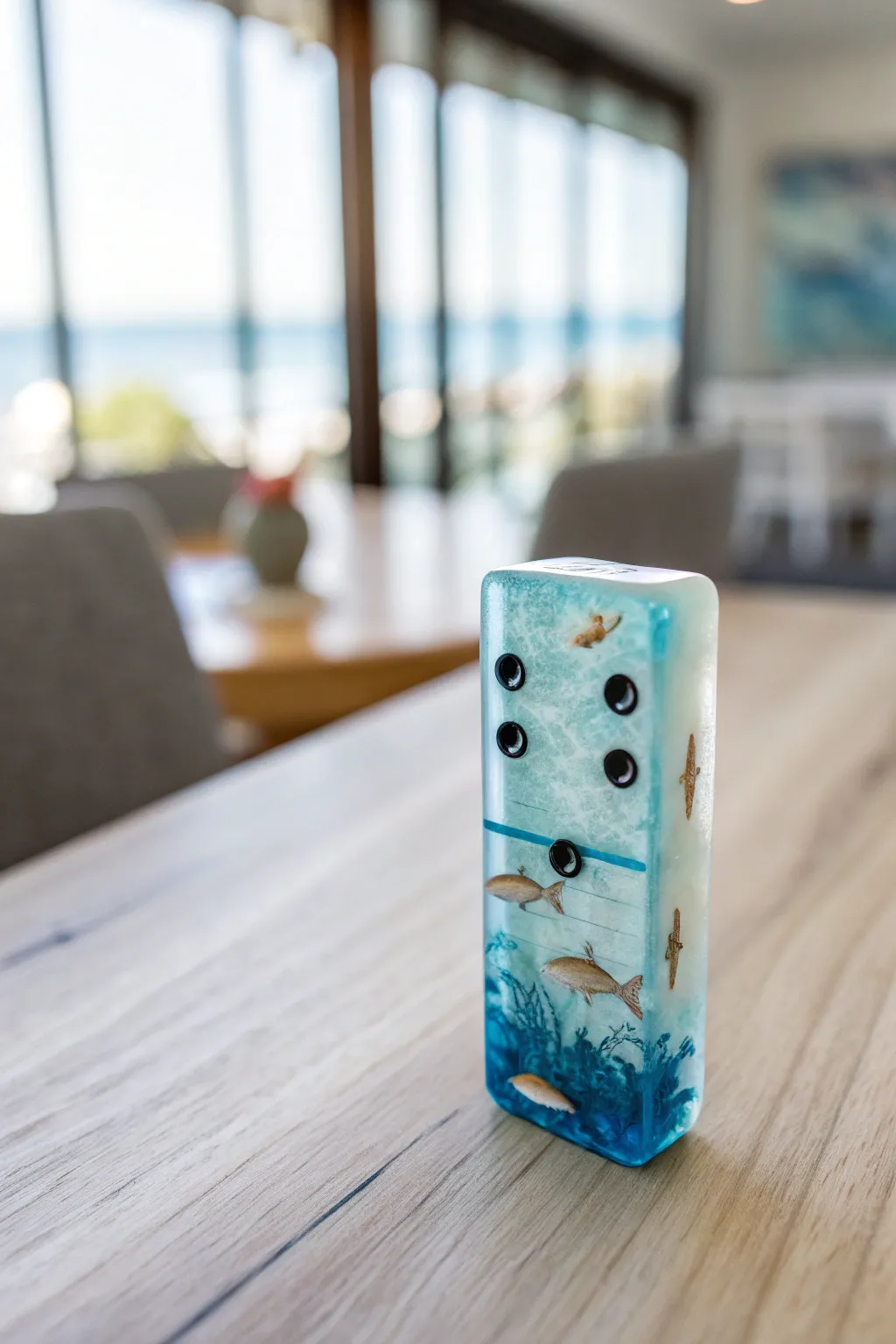 Dive into elegance: a resin domino capturing the ocean's charm.