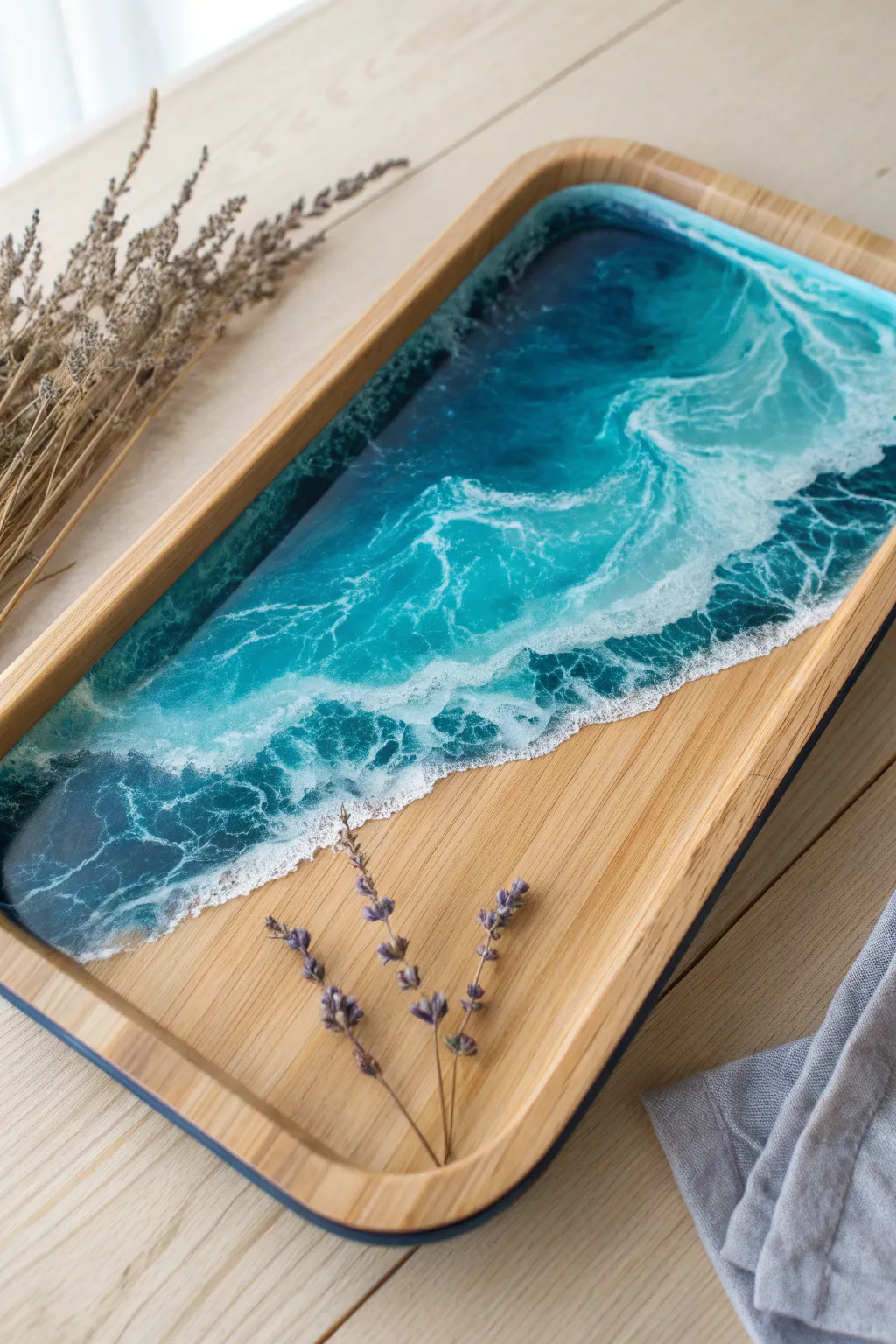 Ride the serene waves of tranquility with this beautifully crafted ocean-inspired rolling tray.