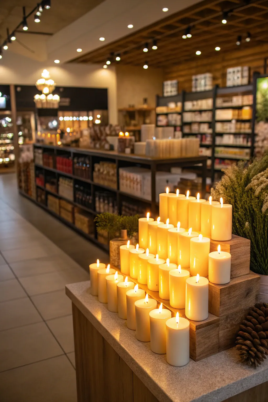 Candle display enhanced with warm, strategic lighting.