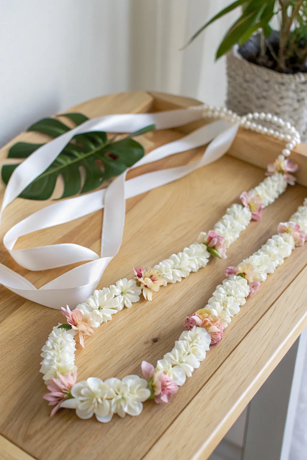 Embrace the elegance of a handcrafted Pikake style ribbon lei, where simplicity meets natural charm.
