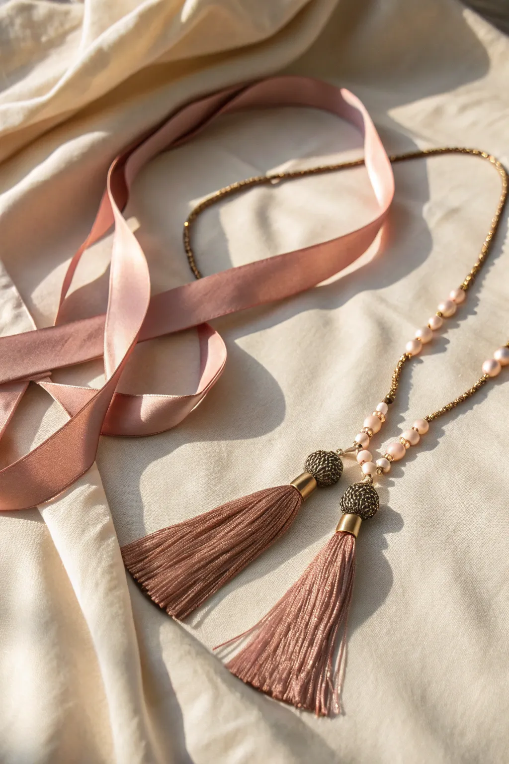 Add a touch of playful elegance with this tassel-adorned ribbon necklace, perfect for the minimalist boho lover.