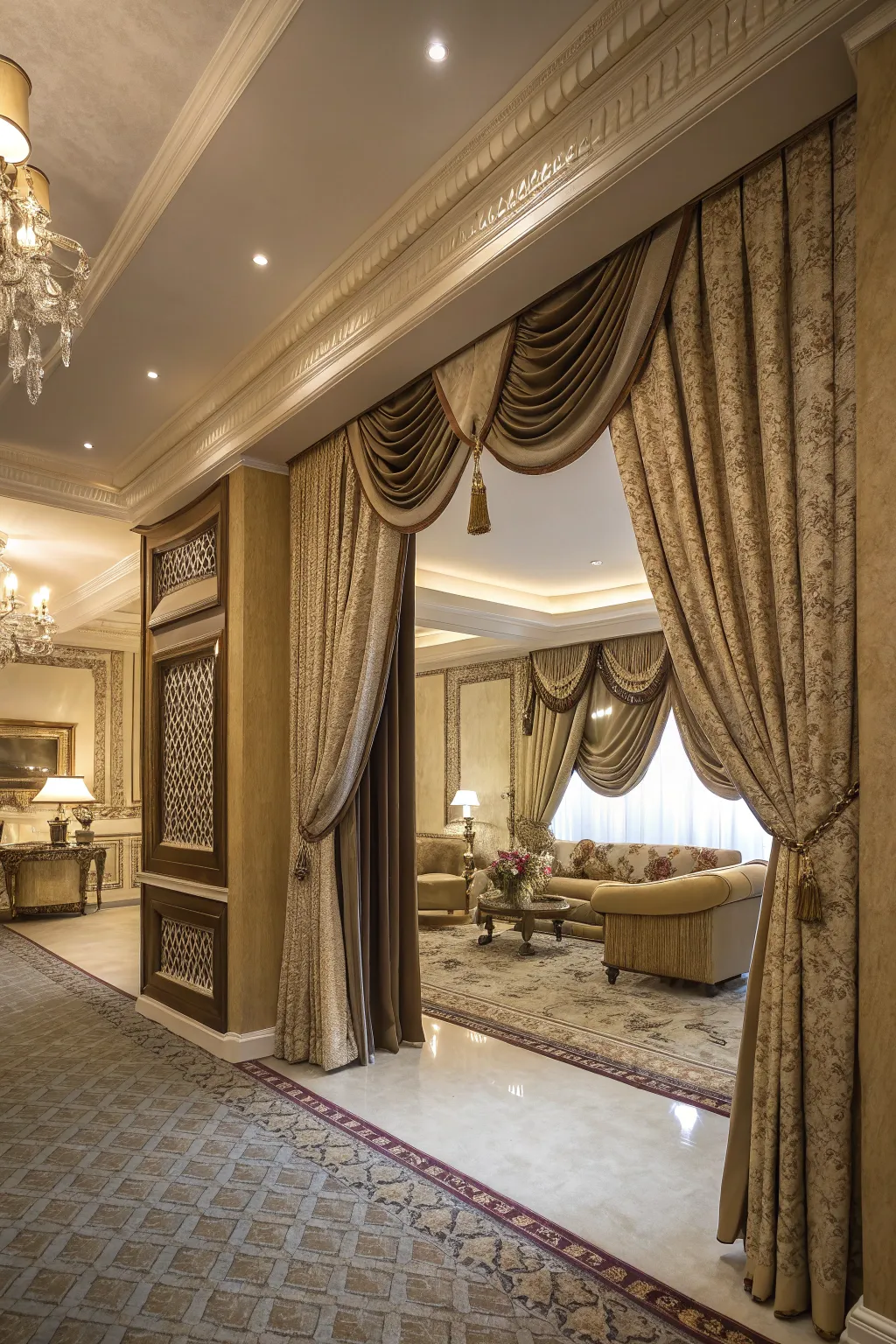 Layering Roman shades with curtains adds luxury to this space.